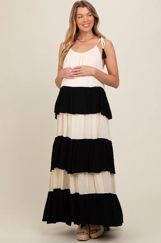 Black Colorblock Tiered Maternity Maxi Dress Cozy Ruffle Sleeve Maxi Dress