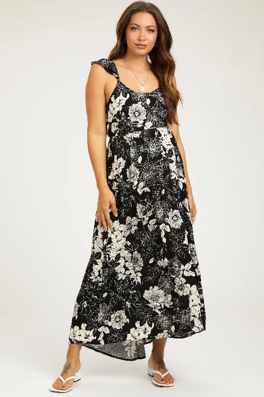 Black Floral Back Tie Maternity Maxi Dress Elegant Sleeveless Maxi Dress