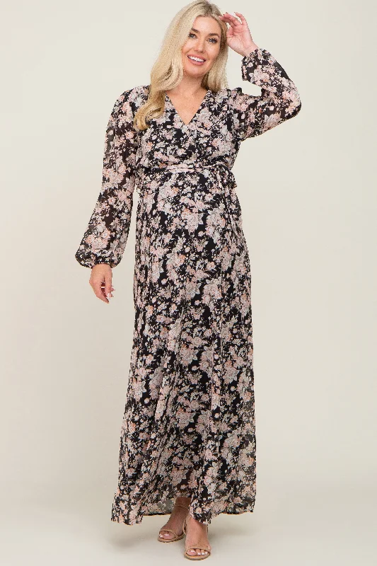 Black Floral Chiffon Maternity Maxi Dress Stylish One-Shoulder Maxi Dress