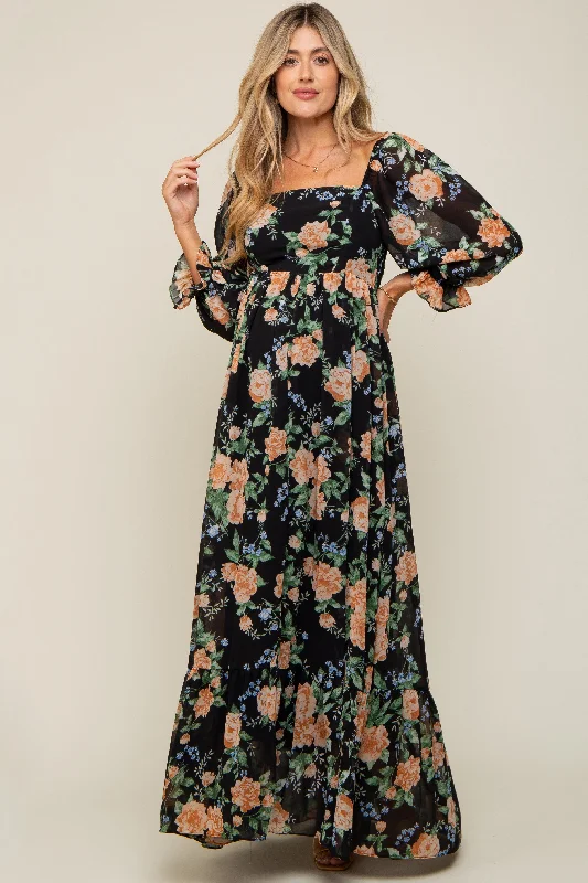 Black Floral Chiffon Square Neck 3/4 Ruffle Sleeve Maternity Maxi Dress Fashionable Chiffon Maxi Dress