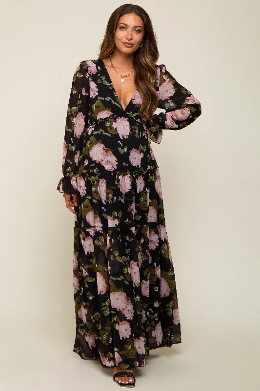 Black Floral Chiffon V-Neck Lettuce Edge Tiered Maternity Maxi Dress Classic V-Neck Maxi Dress