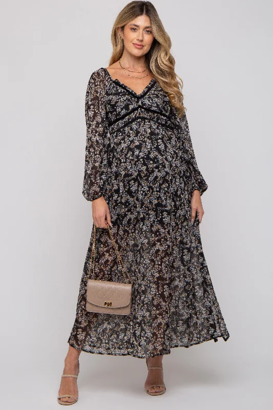 Black Floral Chiffon V-Neck Velvet Trim Maternity Maxi Dress Comfortable Ruffle Maxi Dress