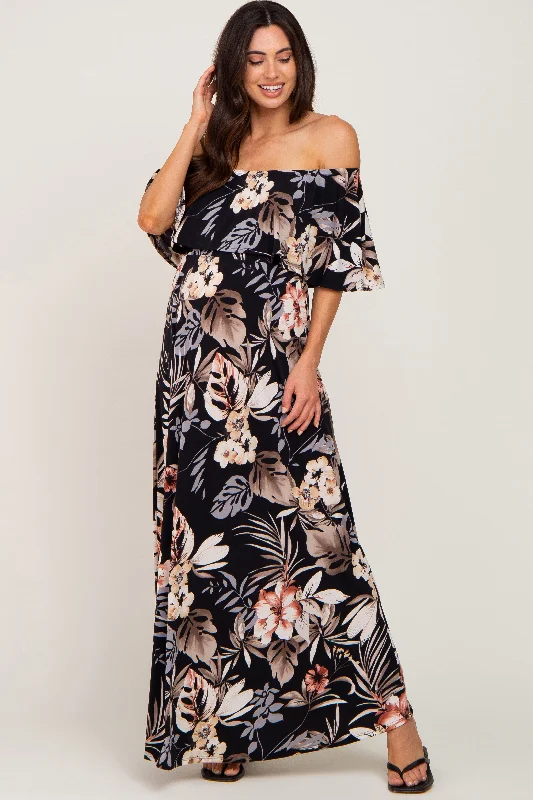 Black Floral Flounce Off Shoulder Maternity Maxi Dress Elegant Boho Maxi Dress