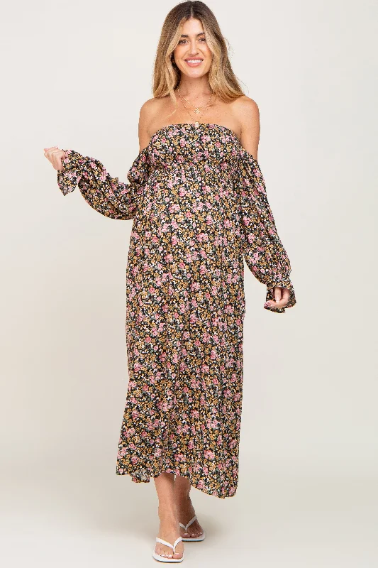 Black Floral Off Shoulder Long Sleeve Maternity Maxi Dress Chic Button-Up Maxi Dress