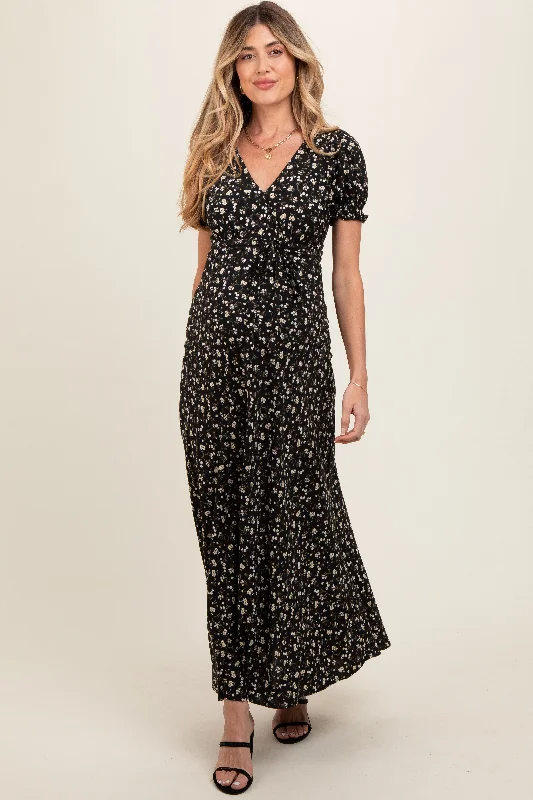 Black Floral Puff Sleeve V Neck Maternity Maxi Dress Elegant Floral Maxi Dress