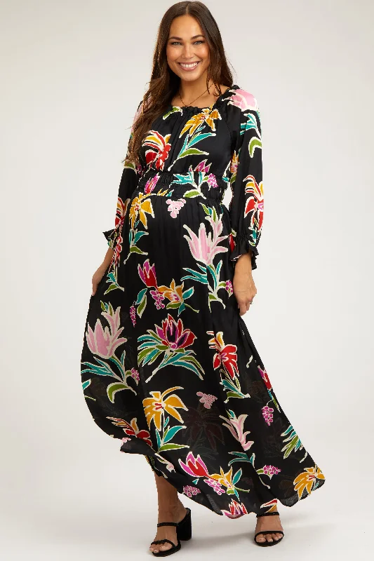 Black Floral Ruffle Neck Maternity Maxi Dress Stylish Button-Up Maxi Dress