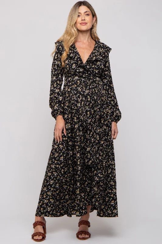 Black Floral Ruffle V-Neck Wrap Front Maternity Maxi Dress Comfortable Fitted Maxi Dress