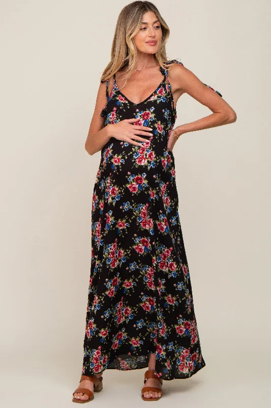 Black Floral Shoulder Tie Maternity Maxi Dress Fashionable Chiffon Tiered Maxi Dress