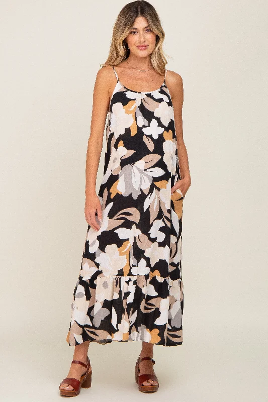 Black Floral Sleeveless Maternity Maxi Dress Stylish Long Sleeve Maxi Dress