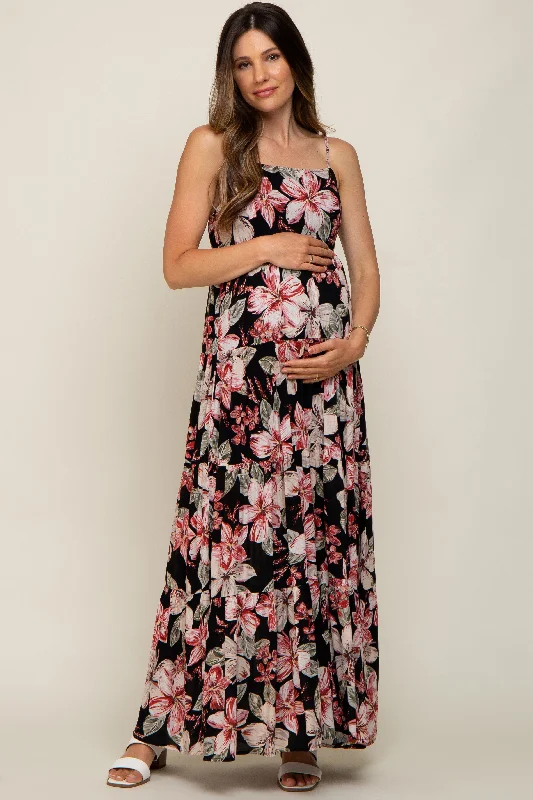 Black Floral Square Neck Tiered Maternity Maxi Dress Elegant Sleeveless Maxi Dress