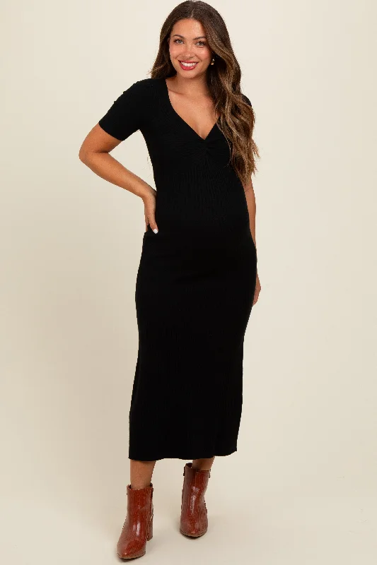 Black Knit Twisted V-Neck Maternity Maxi Dress Comfortable Long-Sleeve Maxi Dress