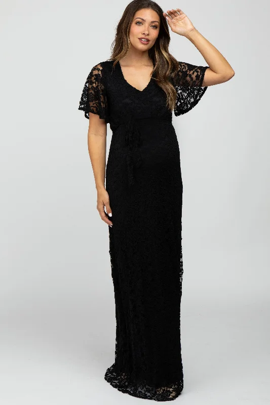 Black Lace Front Tie Maternity Maxi Dress Trendy Maxi Dress with Lace