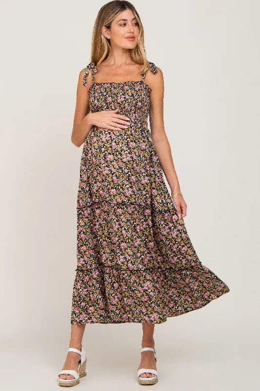 Black Multi-Color Floral Sleeveless Tiered Maternity Maxi Dress Stylish Button-Up Maxi Dress