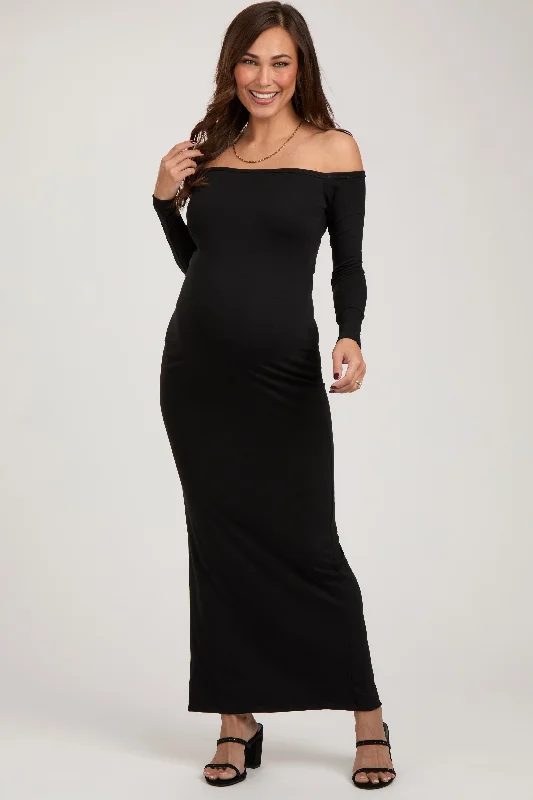 Black Off Shoulder Long Sleeve Maternity Maxi Dress Trendy Ruffled Maxi Dress