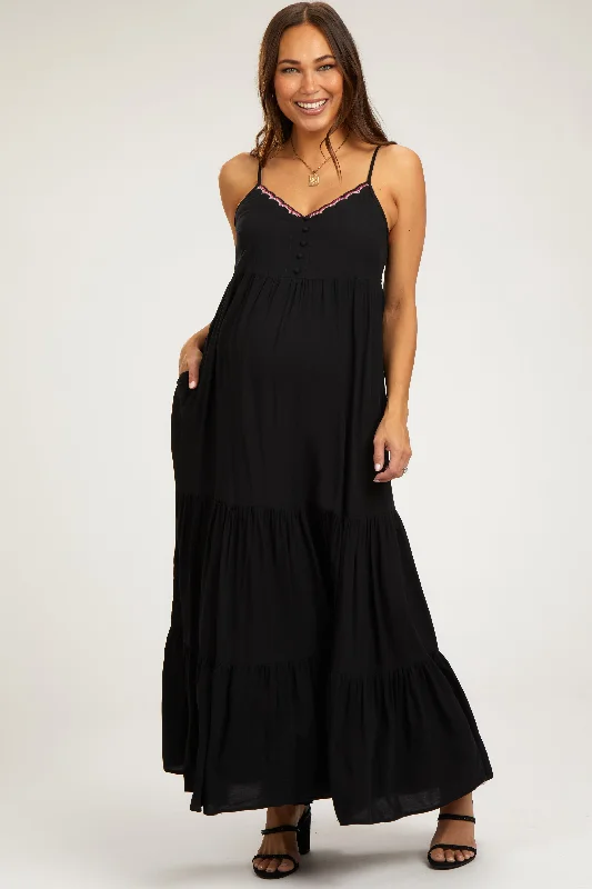 Black Scalloped Embroidered Neckline Maternity Maxi Dress Trendy Off-Shoulder Ruffle Maxi Dress