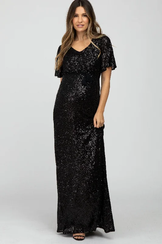 Black Sequin Short Sleeve Maternity Maxi Dress Cozy Wrap Maxi Dress