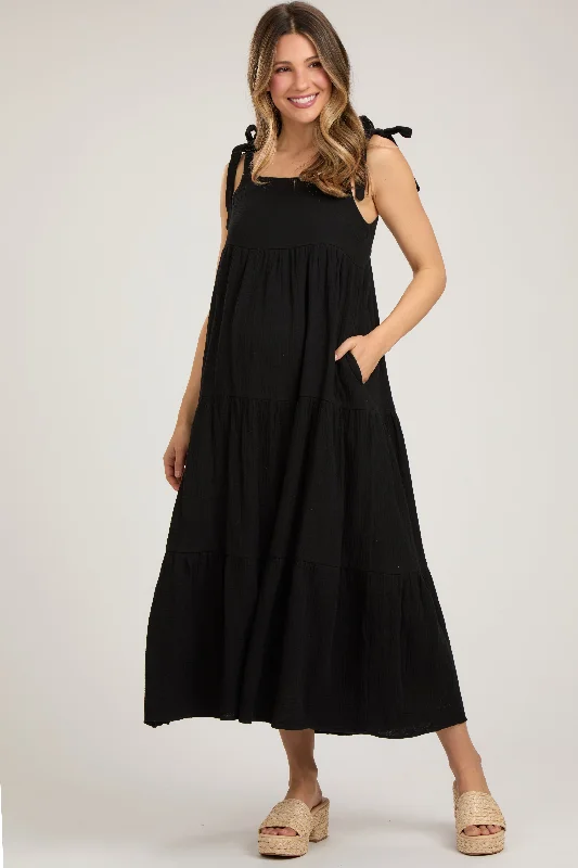 Black Sleeveless Tiered Maternity Maxi Dress Fashionable Sleeveless Maxi Dress