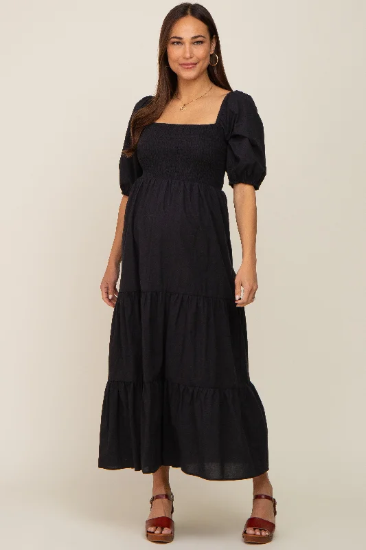 Black Square Neck Smocked Tiered Maternity Maxi Dress Trendy Maxi Dress with Bow