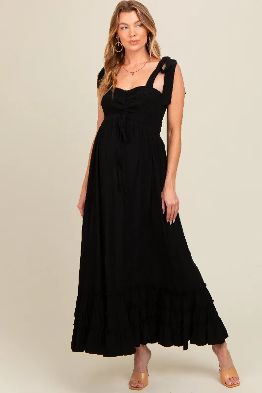 Black Sweetheart Neck Smocked Shoulder Tie Maternity Maxi Dress Classic V-Neck Maxi Dress