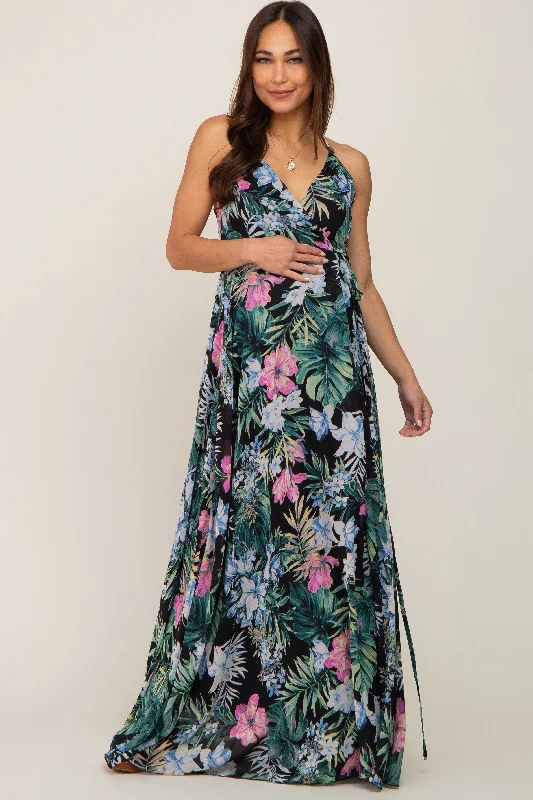 Black Tropical Floral Chiffon Wrap Front Maternity Maxi Dress Elegant Maxi Dress with Slit