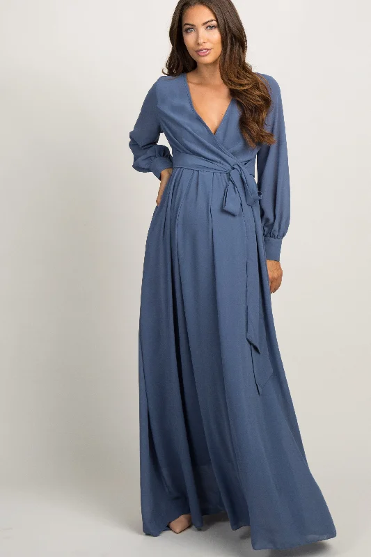 Blue Chiffon Long Sleeve Pleated Maternity Maxi Dress Elegant Maxi Dress with Lace