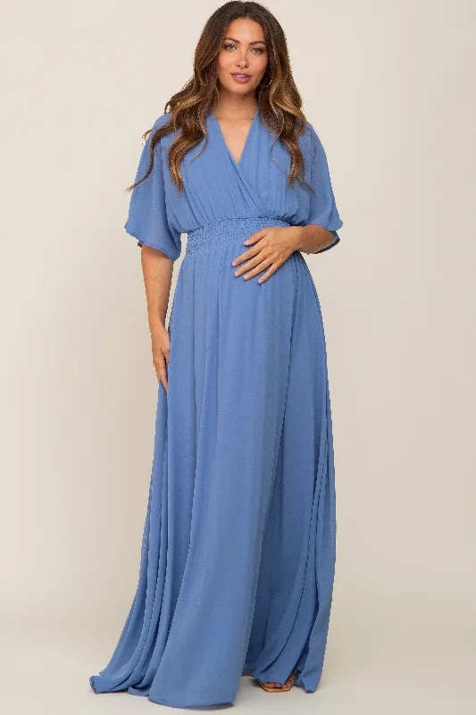 Blue Chiffon V-Neck Smocked Waist Maternity Maxi Dress Trendy Button Front Maxi Dress