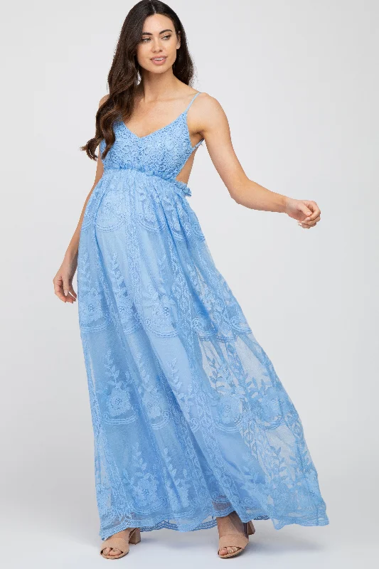 Blue Crochet Lace Open Back Maternity Maxi Dress Stylish Maxi Dress with Frills