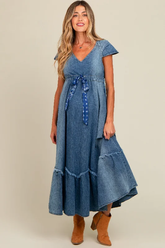 Blue Denim Sash Waist Maternity Maxi Dress Trendy Ruffled Maxi Dress