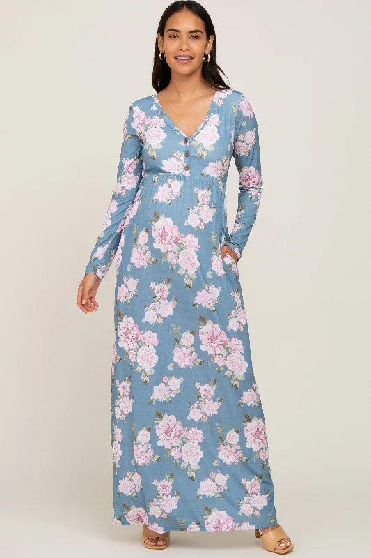 Blue Floral Button Front Maternity Maxi Dress Cozy Maxi Dress with Slit