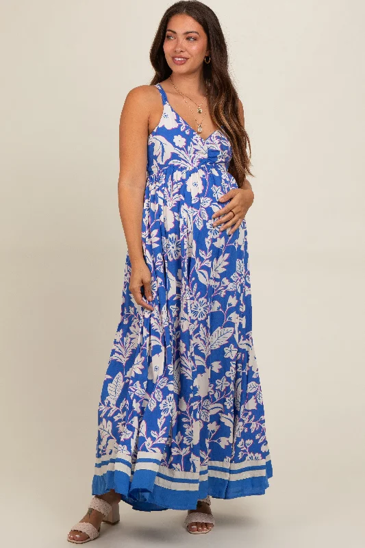 Blue Floral Cutout Back Tie Maternity Maxi Dress Trendy Maxi Dress with Belt