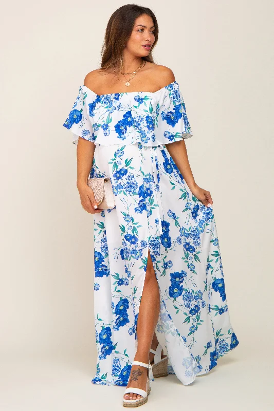 Blue Floral Overlay Off-Shoulder Side Slit Maternity Maxi Dress Trendy Floral Print Maxi Dress