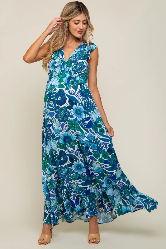 Blue Floral Ruffle Accent Sleeveless Maternity Maxi Dress Classic Black Maxi Dress