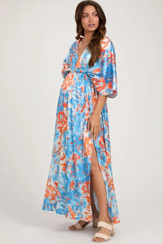 Blue Floral Satin V-Neck Maternity Maxi Dress Cozy Wrap Maxi Dress