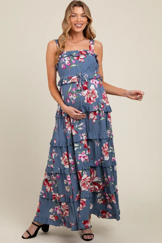 Blue Floral Sleeveless Tiered Maternity Maxi Dress Chic Boho Print Maxi Dress