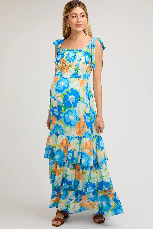 Blue Floral Smocked Shoulder Strap Maternity Maxi Dress Comfortable Satin Maxi Dress