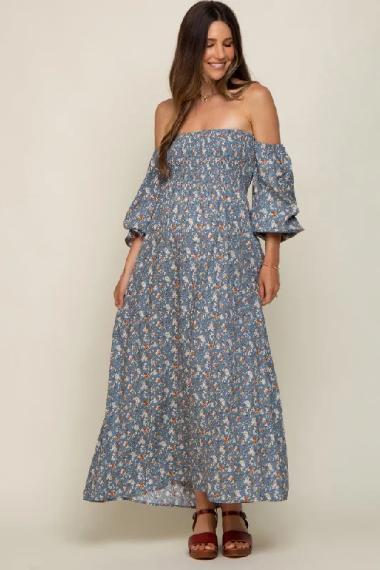 Blue Floral Square Neck Smocked Long Sleeve Maternity Maxi Dress Comfortable Fit-and-Flare Maxi Dress