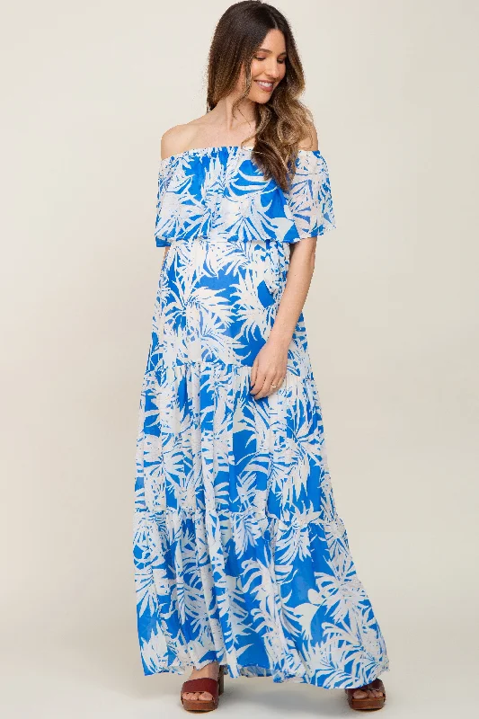 Blue Leaf Print Strapless Tiered Maternity Maxi Dress Comfortable T-Shirt Maxi Dress