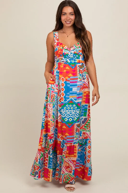 Blue Multi-Color Abstract Print Tiered Maternity Maxi Dress Fashionable Open-Back Maxi Dress