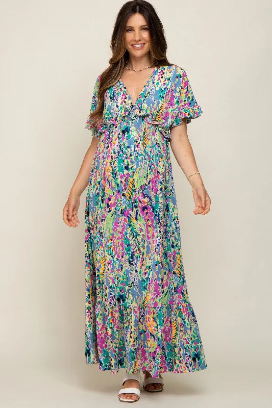 Blue Multi-Color Floral Ruffle Maternity Maxi Dress Chic Off-Shoulder Maxi Dress