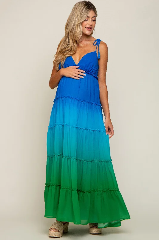 Blue Ombre Chiffon Shoulder Tie Tiered Maternity Maxi Dress Fashionable Layered Maxi Dress