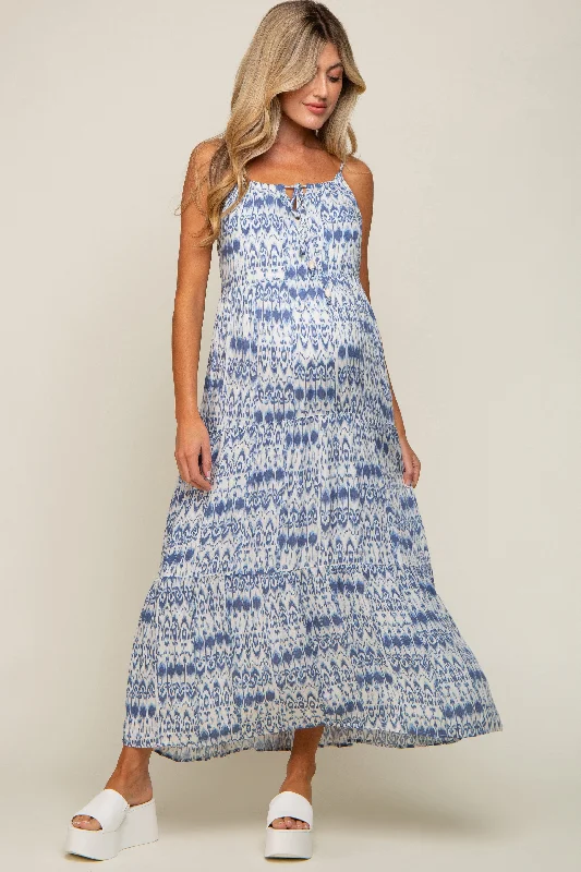 Blue Printed Tiered Maternity Maxi Dress Comfortable Long-Sleeve Maxi Dress