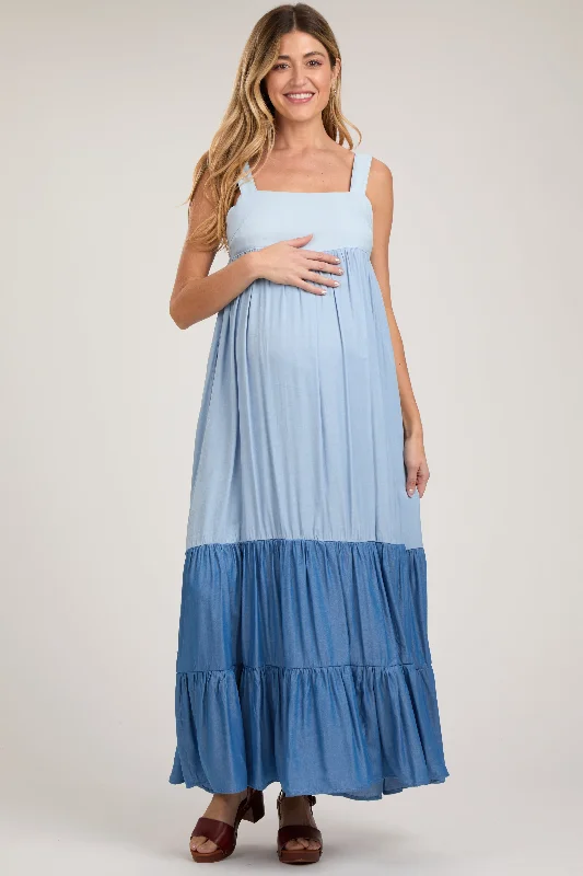 Blue Sleeveless Tiered Tie Back Maternity Maxi Dress Classic A-Line Maxi Dress