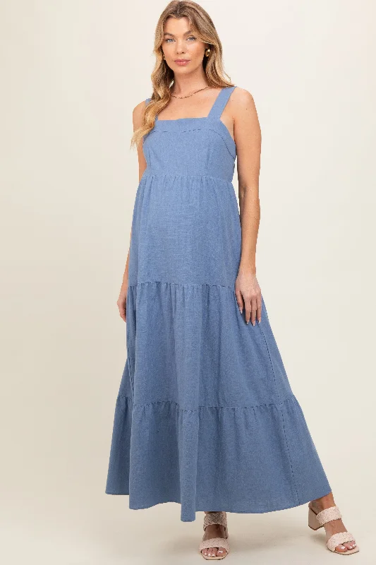 Blue Tiered Maternity Maxi Dress Trendy A-Line Maxi Dress