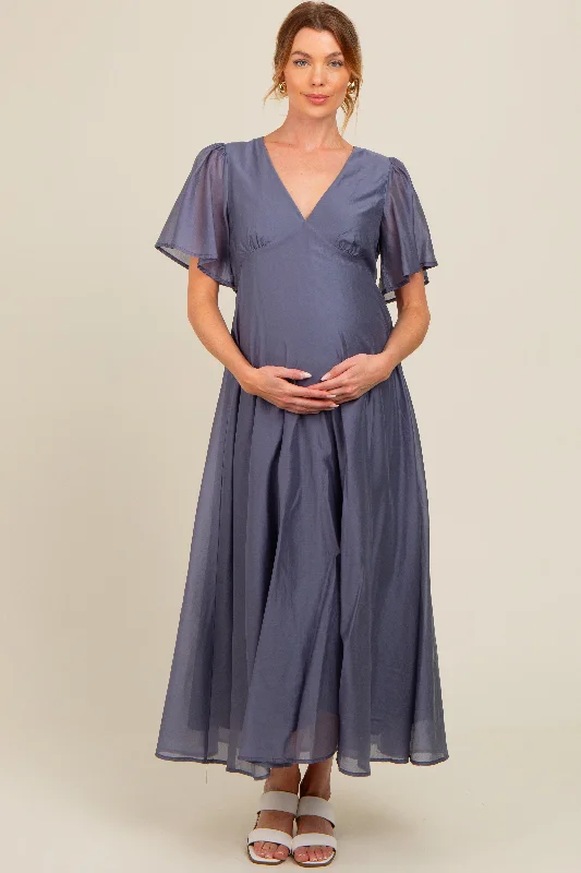 Blue V-Neck Flutter Sleeve Maternity Maxi Dress Chic Off-Shoulder Maxi Dress