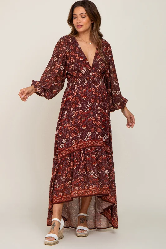 Brown Floral Hi-Lo Train Maternity Maxi Dress Stylish Off-Shoulder Maxi Dress