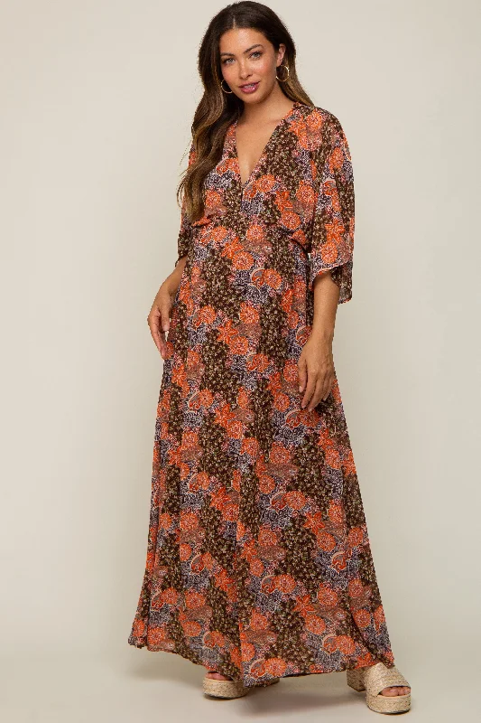 Brown Floral Paisley Chiffon Maternity Maxi Dress Cozy Wrap Maxi Dress