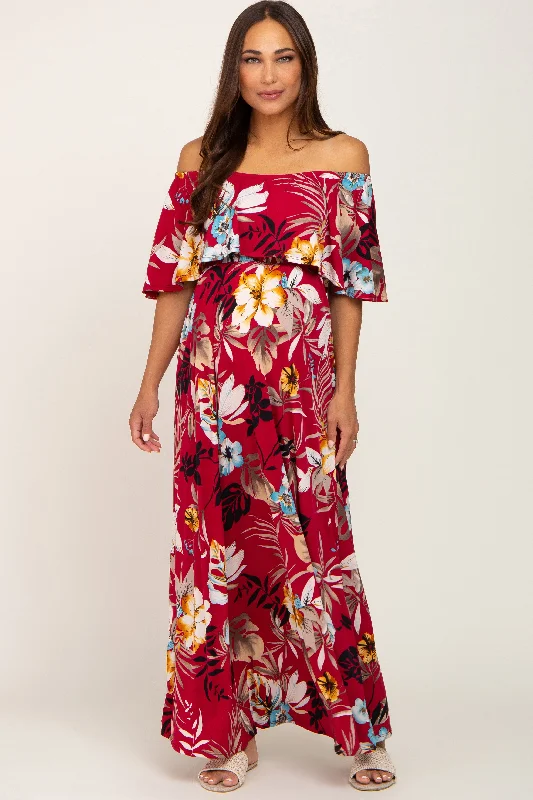 Burgundy Floral Flounce Off Shoulder Maternity Maxi Dress Fashionable High-Waist Maxi Dress