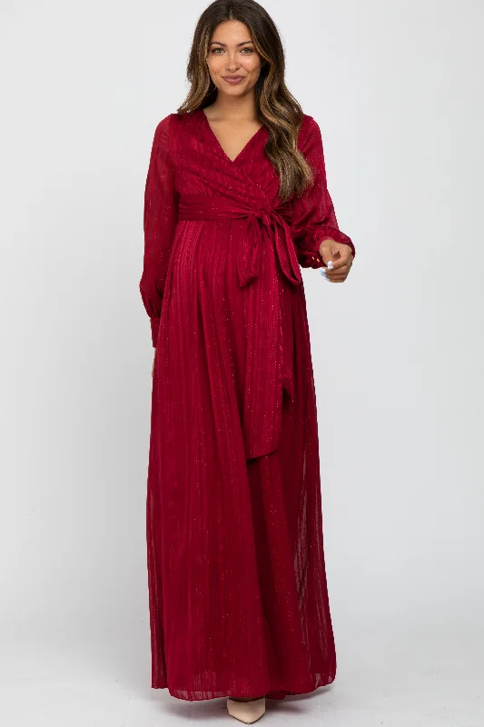 Burgundy Metallic Striped Chiffon Maternity Maxi Dress Trendy Maxi Dress with Bow