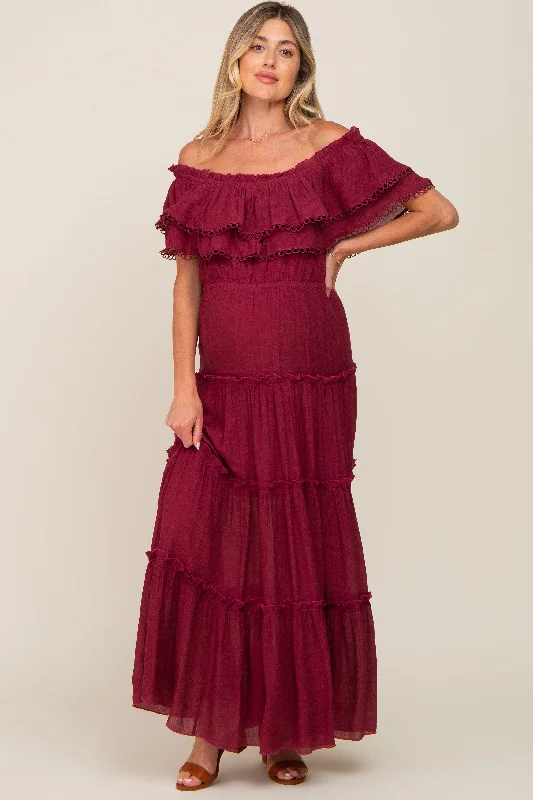 Burgundy Off Shoulder Eyelet Tiered Maternity Maxi Dress Elegant Maxi Dress with Drapes