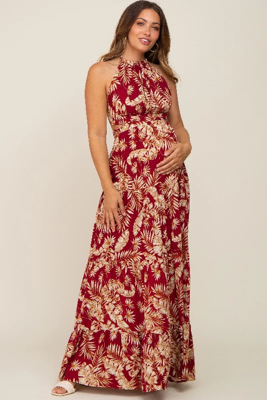 Burgundy Palm Open Back Halter Tiered Maternity Maxi Dress Stylish Button-Up Maxi Dress